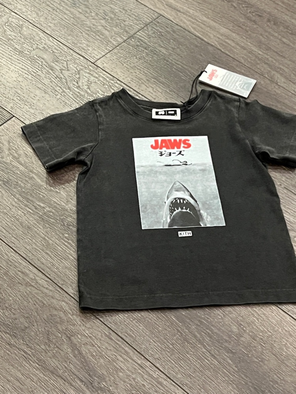 Kith Kids Black Graphic Jaws Tee with Red Logo